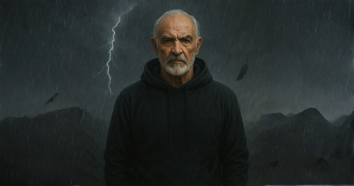 Anti Tate – older man representing a calm, wise alternative to toxic alpha masculinity, standing in a dark, rainy landscape.