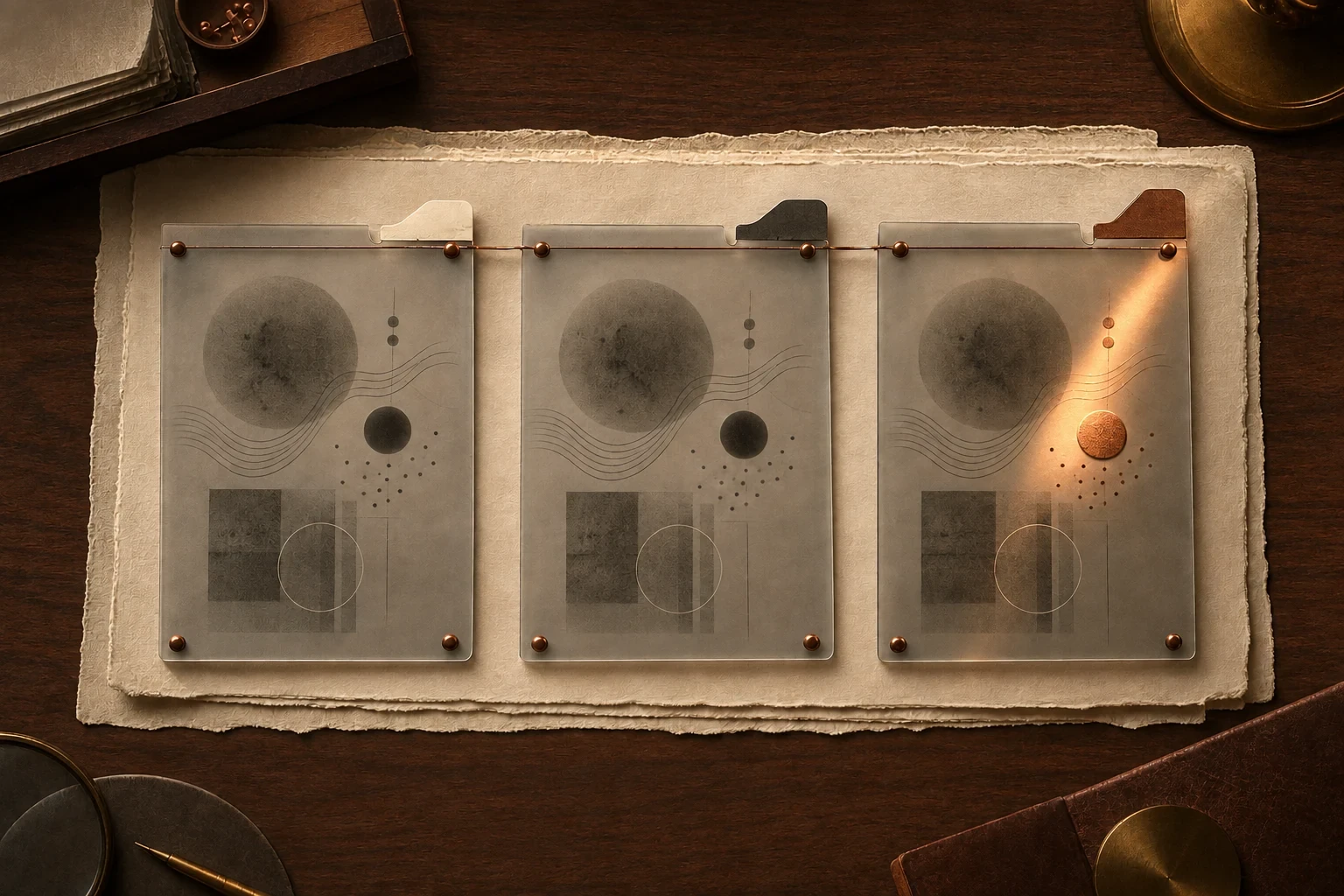 Three versioned evidence sheets with one precise change illuminated on the final layer