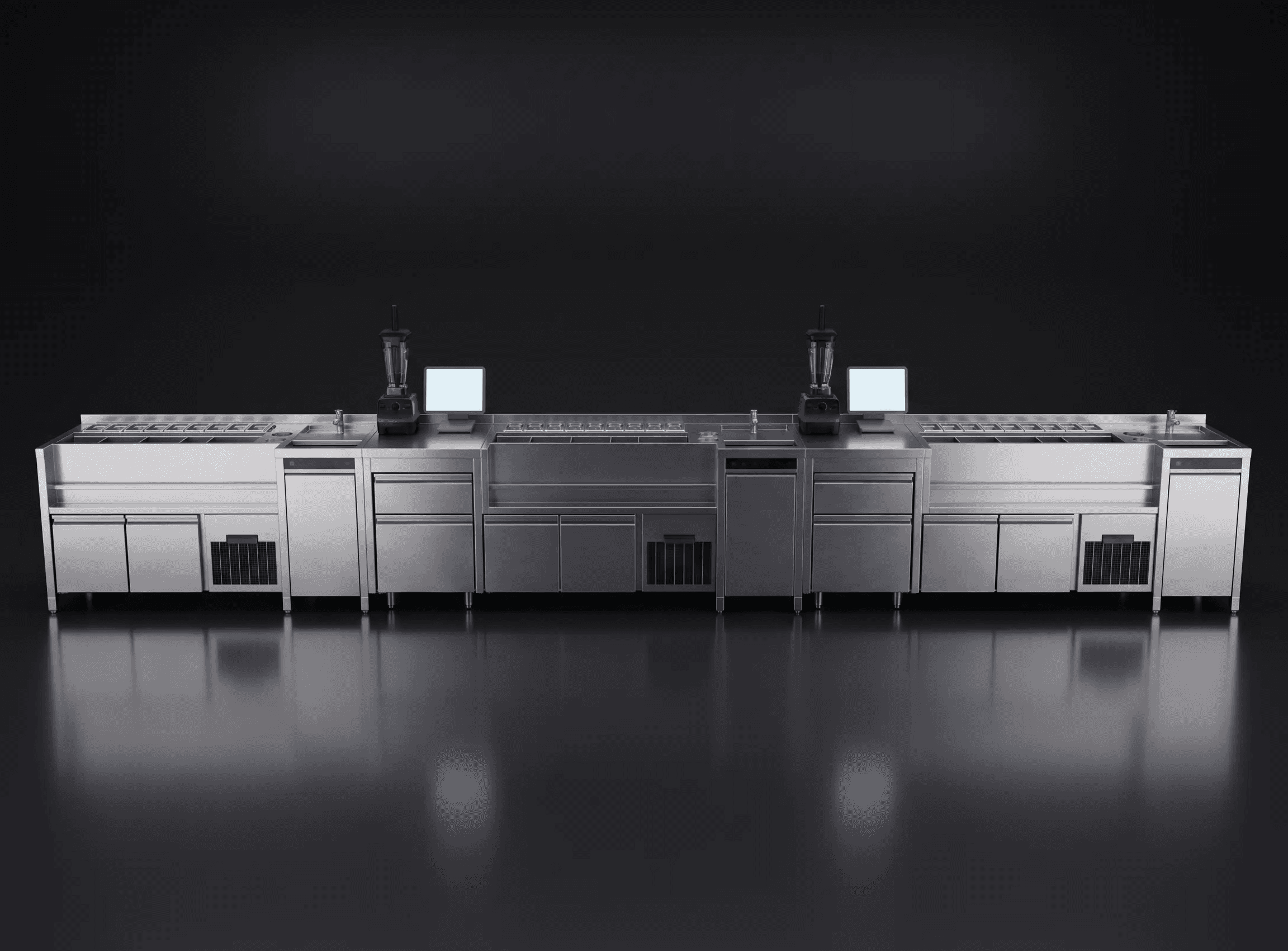 Underbar cocktail station crafted from premium stainless steel, featuring an integrated insulated ice chest, speed rails, and an ergonomic layout designed for high-volume professional bar operations.