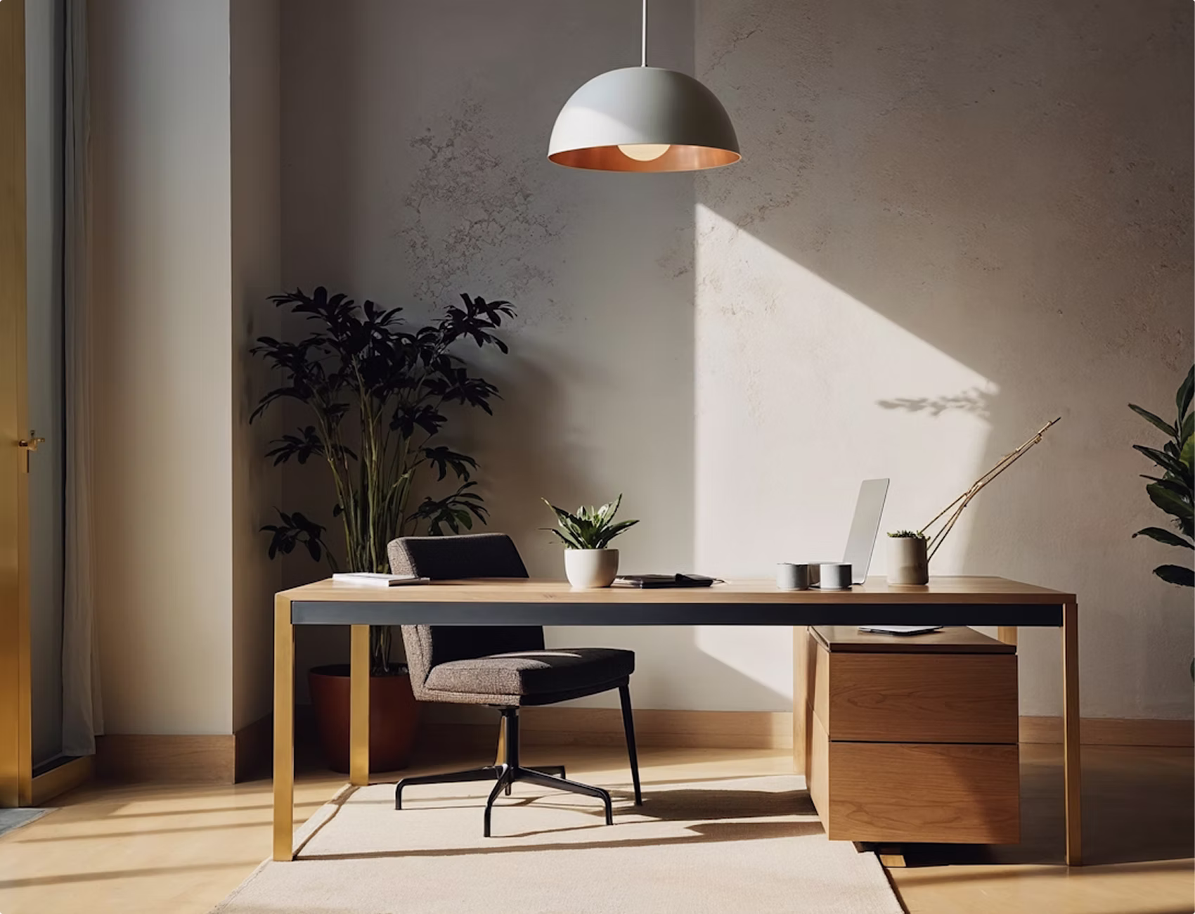 Modern office desk with chair, laptop, plants, and pendant light with sunlight casting shadows.
