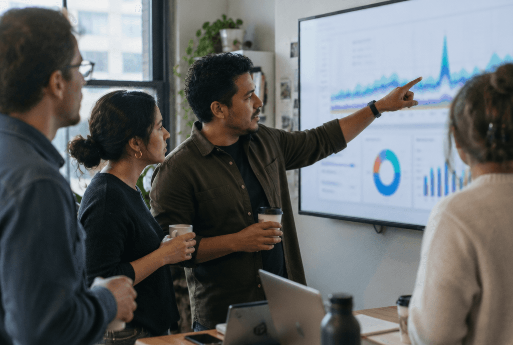 Marketing team stand-up around a screen with charts while one teammate points at a spike