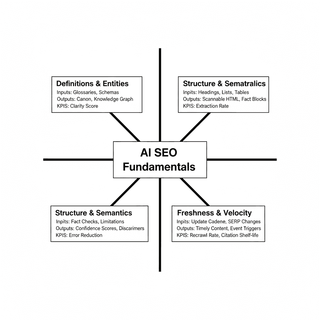 Hub-and-spoke diagram showing the four execution spokes that operationalize AI SEO fundamentals.