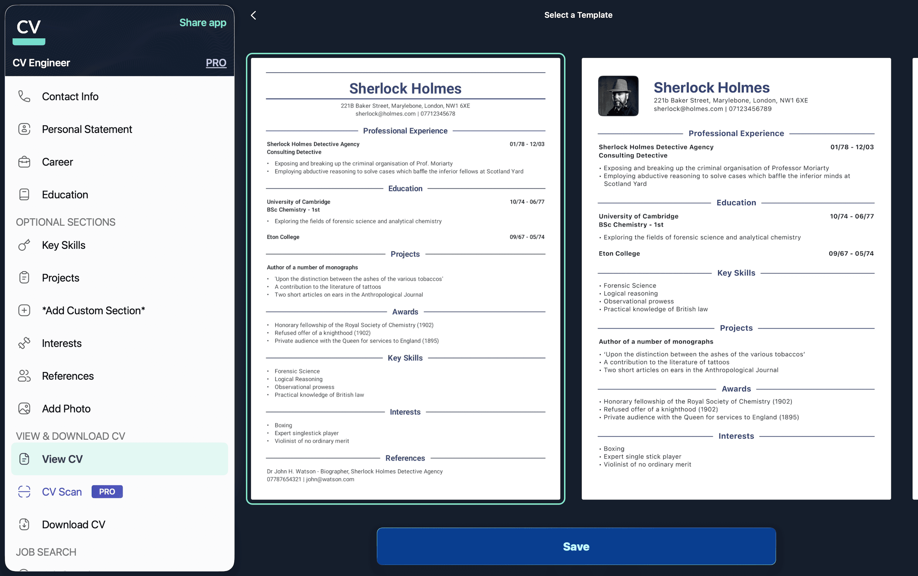 CV Engineer native macOS resume builder app showing ATS-friendly resume templates