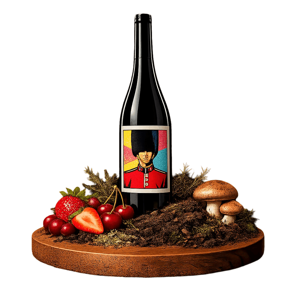 Artistic label and flavor profile for English Pinot Noir on a rustic wooden table.