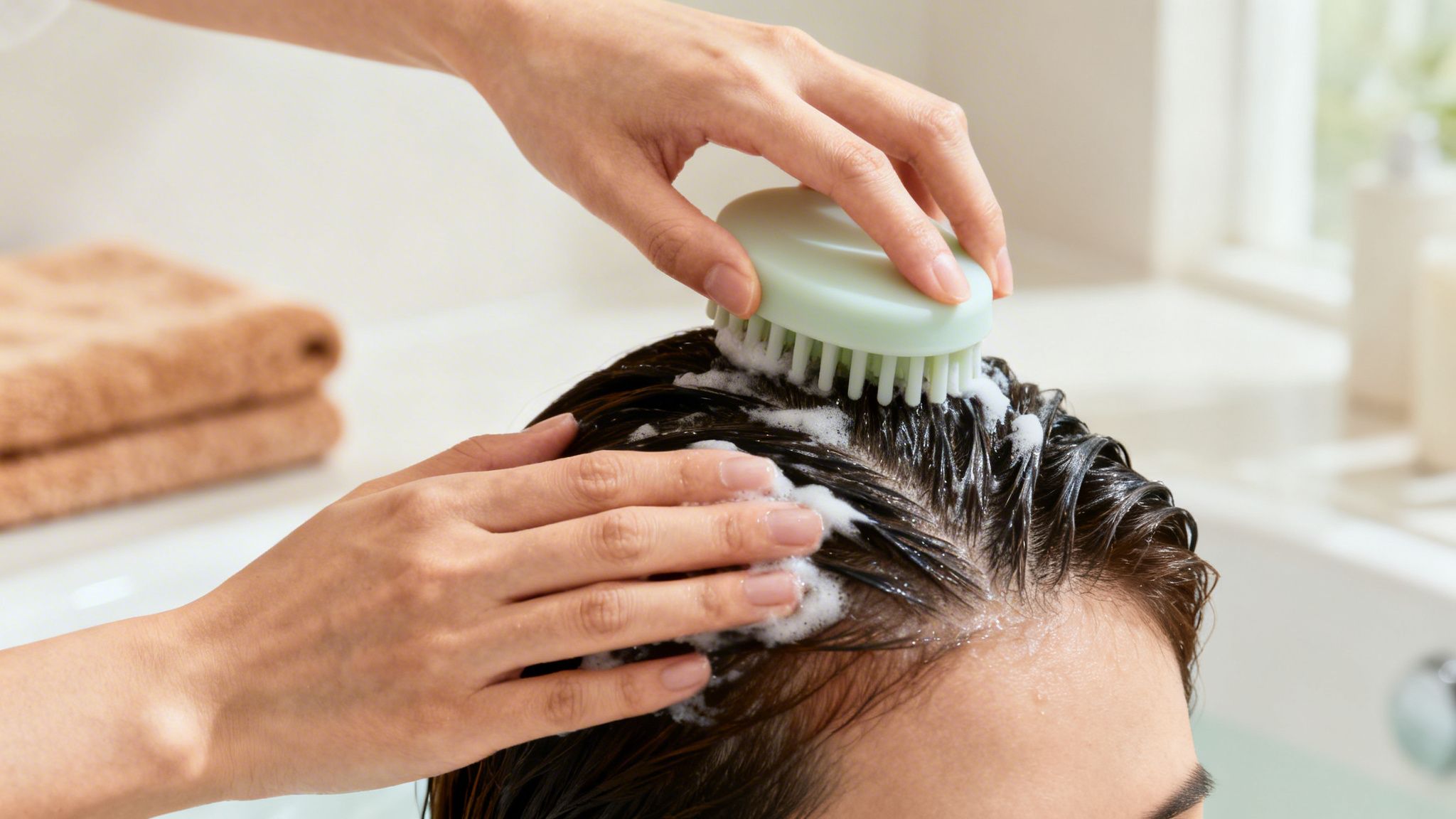 Close-up of hands using a light green scalp massage brush on a person's head with shampoo lather.