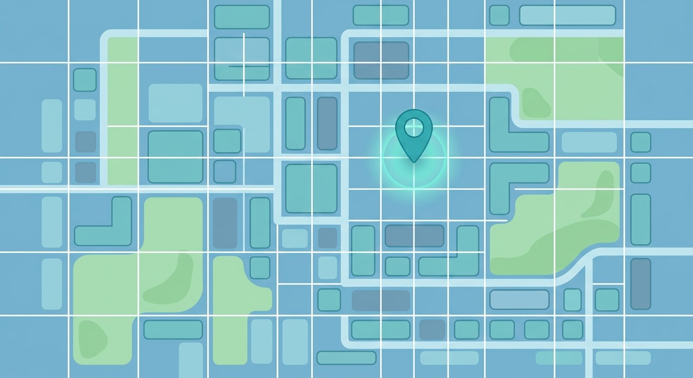 Map illustration of a dating app member location snapped to the center of a grid cell to protect privacy