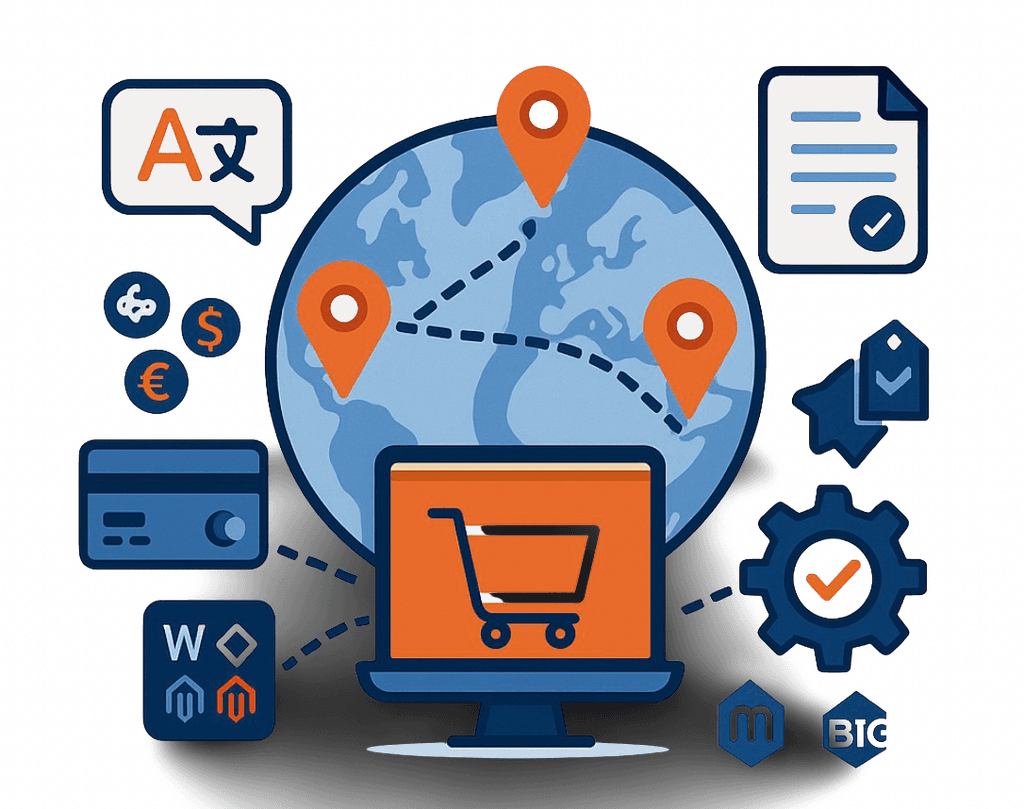 Illustration of online market entry and localization, featuring a globe with location pins, ecommerce icons, payment symbols, platform logos, and a shopping cart screen representing cross-border ecommerce strategy.