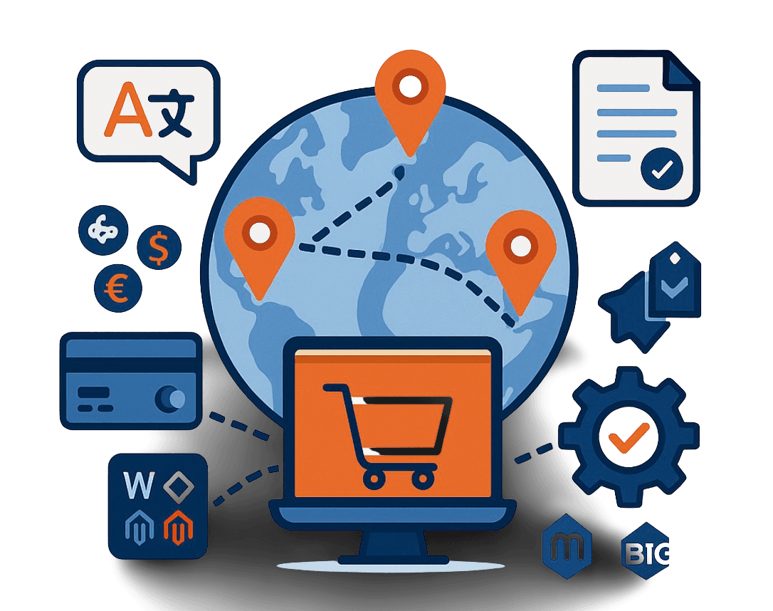 Illustration of online market entry and localization, featuring a globe with location pins, ecommerce icons, payment symbols, platform logos, and a shopping cart screen representing cross-border ecommerce strategy.