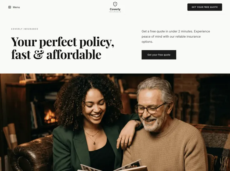 A minimal corporate landing page design for an insurance broker highlighting asset protection and commercial policies.