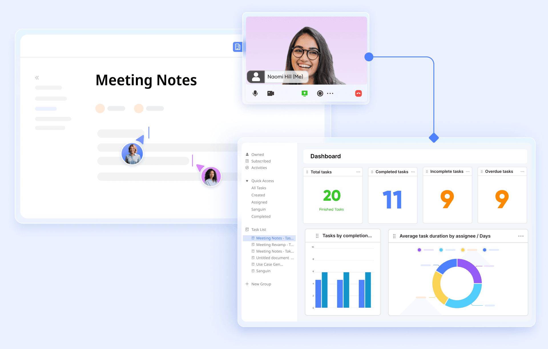 Images of a task dashboard and meeting notes