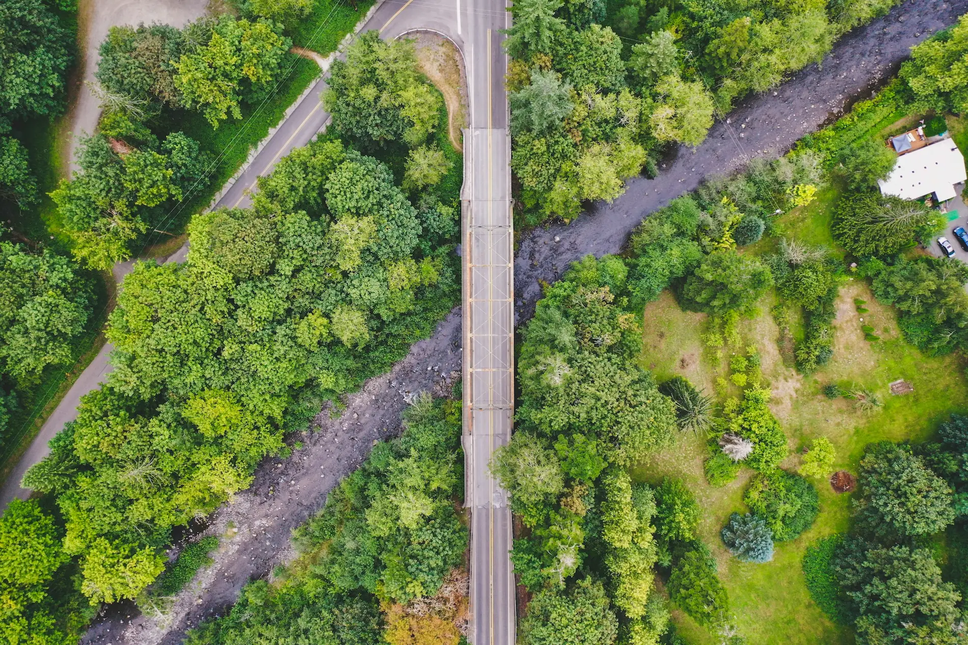 land survey view of a pedestrian bridge crossing over railway tracks between a farm field and a forest