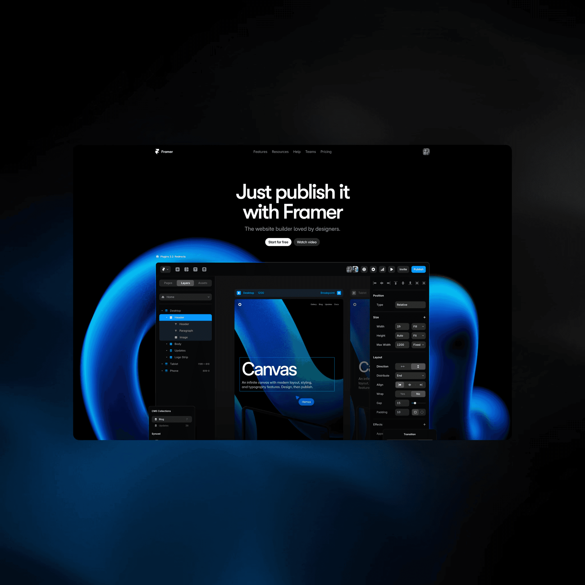 Framer website builder interface with blue abstract background and editor.