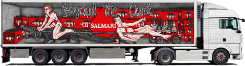 Vrachtwagen met reclame van Salmari