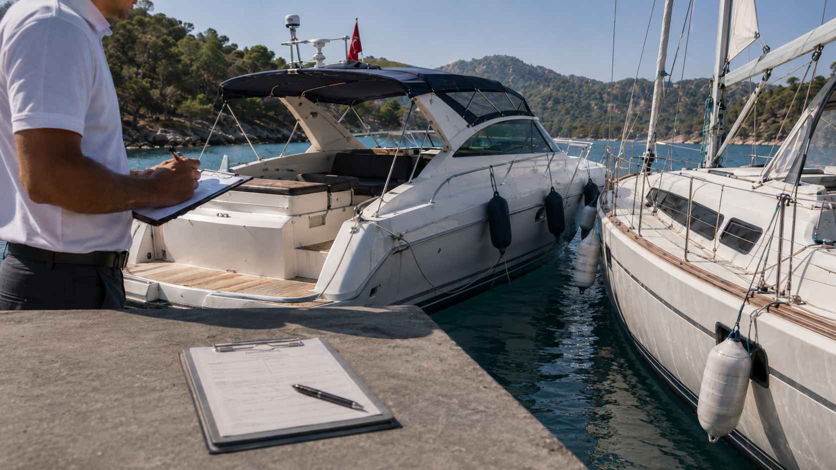 Yacht accident legal process in Turkey with marina inspection, incident report, and vessels on the Turkish coast