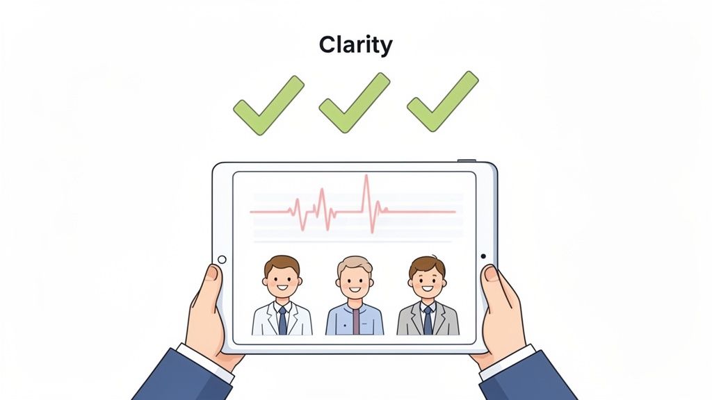 Hands holding a tablet displaying a heart rate monitor and three male professionals, with 'Clarity' and three checkmarks above.