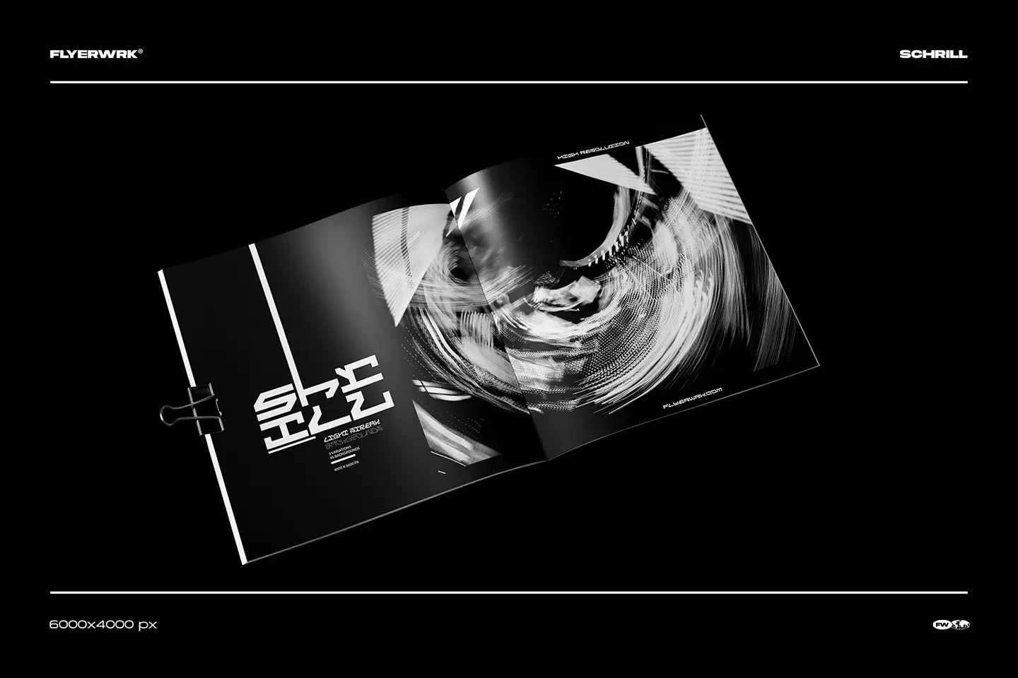 Schrill light streak textures showcased in a professional magazine spread mockup to demonstrate high-print-quality 300 DPI resolution.