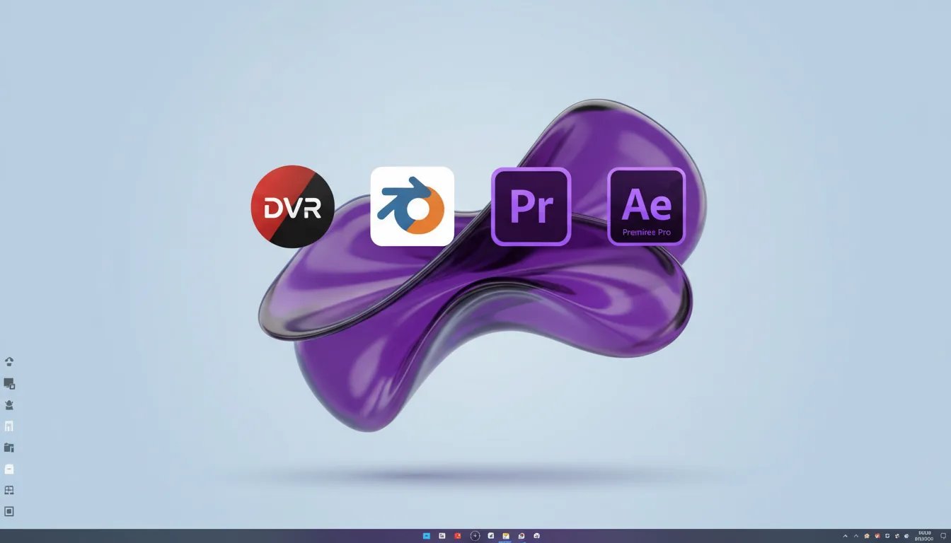 A clean screenshot of a modern desktop UI, featuring a 3D rendered wallpaper of a glossy, translucent purple abstract organic shape on a light blue background with soft global illumination. The UI has a few small placeholder icons on the left side and a dark taskbar at the bottom. Floating prominently over the top center are large, clean software icons for DaVinci Resolve, Blender, Adobe Premiere Pro, and Adobe After Effects.