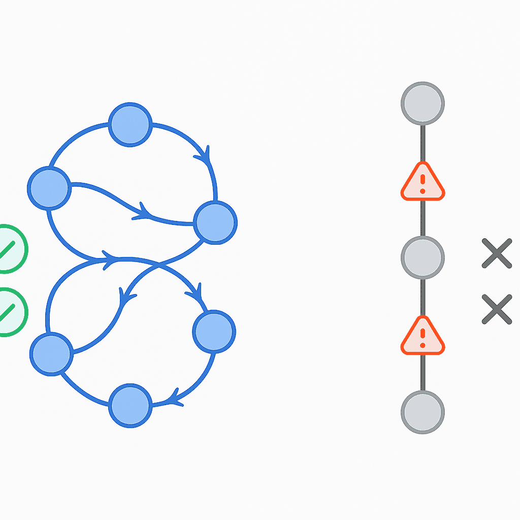 Schematic comparing multi-node fault-tolerant architecture against single weak path with failures.