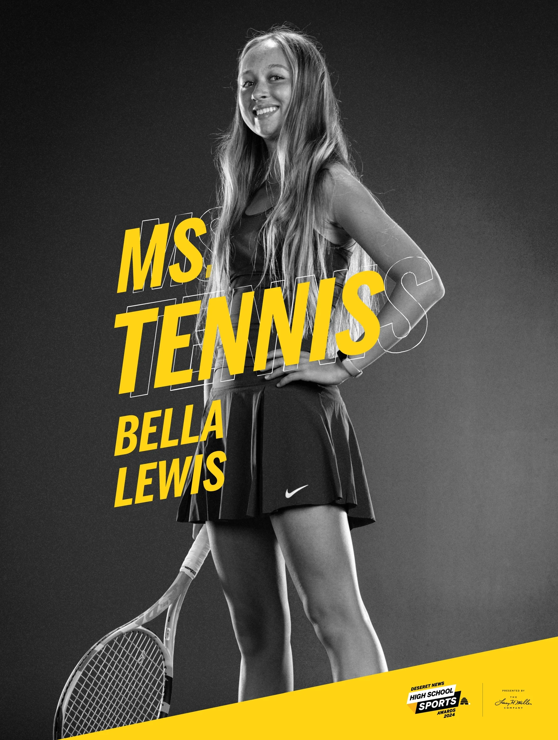 Bella Lewis — Ms. Tennis poster, with monochrome photography and angled yellow typography