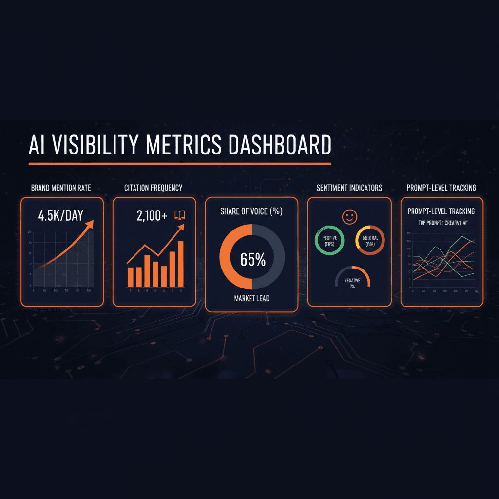 Key metrics for AI visibility tracking including brand mentions, citations, and share of voice analysis