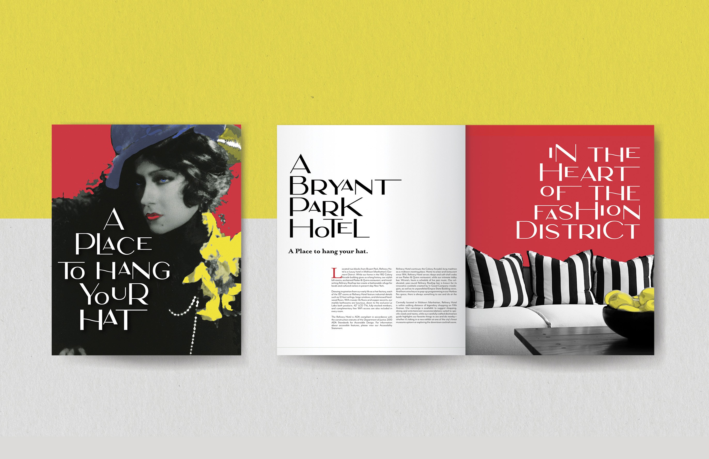 A set of pictures showing the cover and contents of an art book with the title: A Place To Hang Your Hat. A Bryant Park Hotel. In The Heart Of The Fashion District.