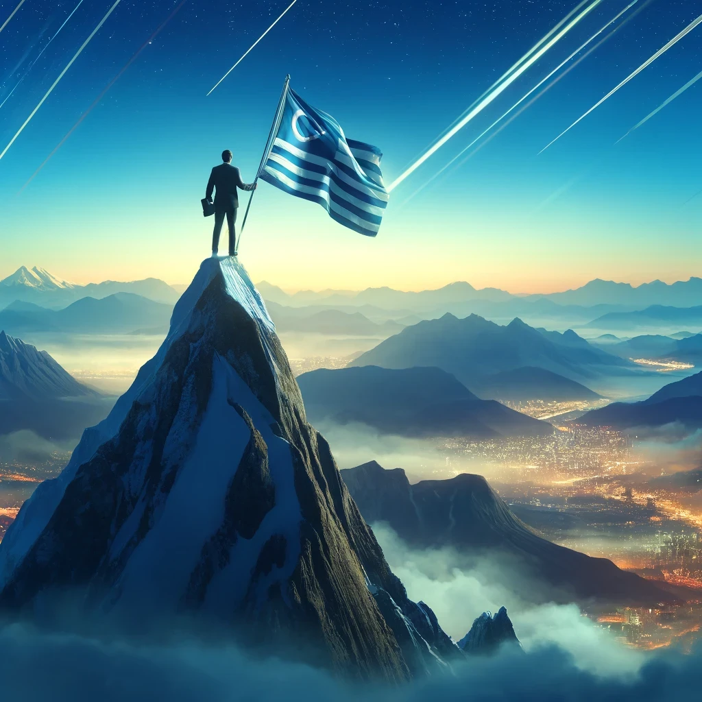 Conceptual image of an individual atop a mountain peak holding a flag, symbolizing extraordinary achievement in fields such as science, arts, and business, representative of the EB-1A visa criteria for top-tier professionals.