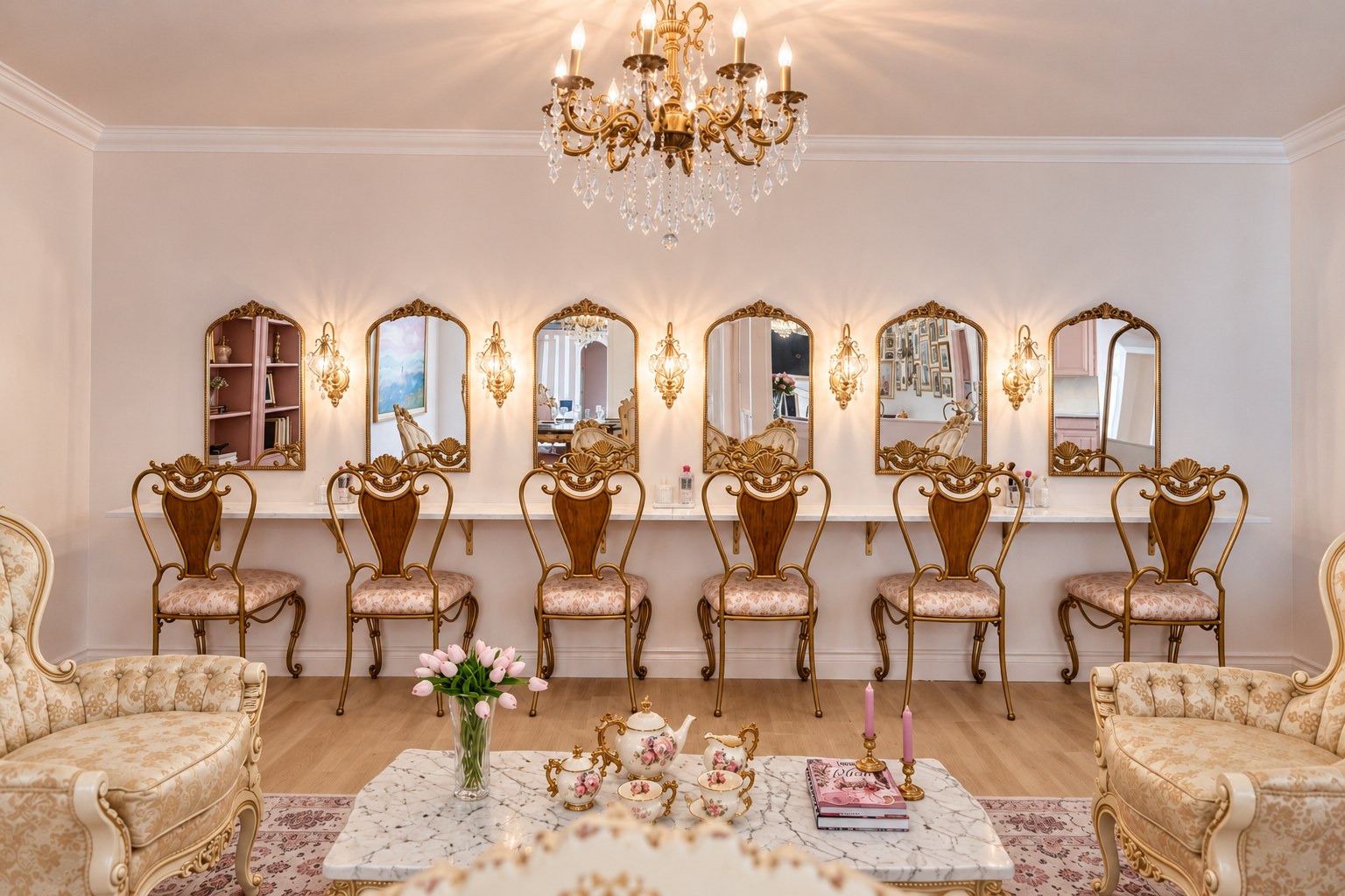 The get-ready room with a row of mirrored vanity stations and glam seating for the whole party.
