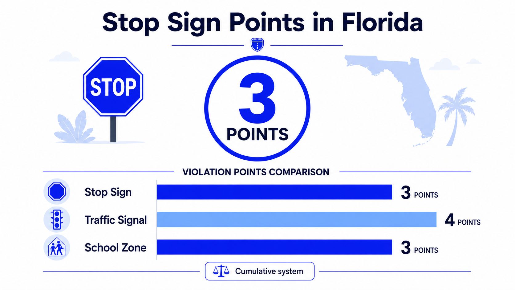 An infographic showing that running a stop sign in Florida results in three penalty driver license points.