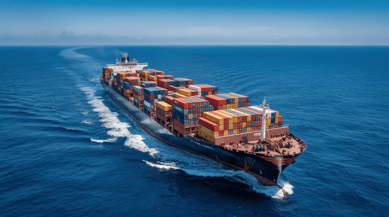 A large cargo ship is sailing through calm ocean waters under clear skies, representing the operational efficiency of maritime transport. The image captures the essence of digital twin technology, showcasing how virtual representations of physical assets can optimise operations and enhance decision-making in complex systems.