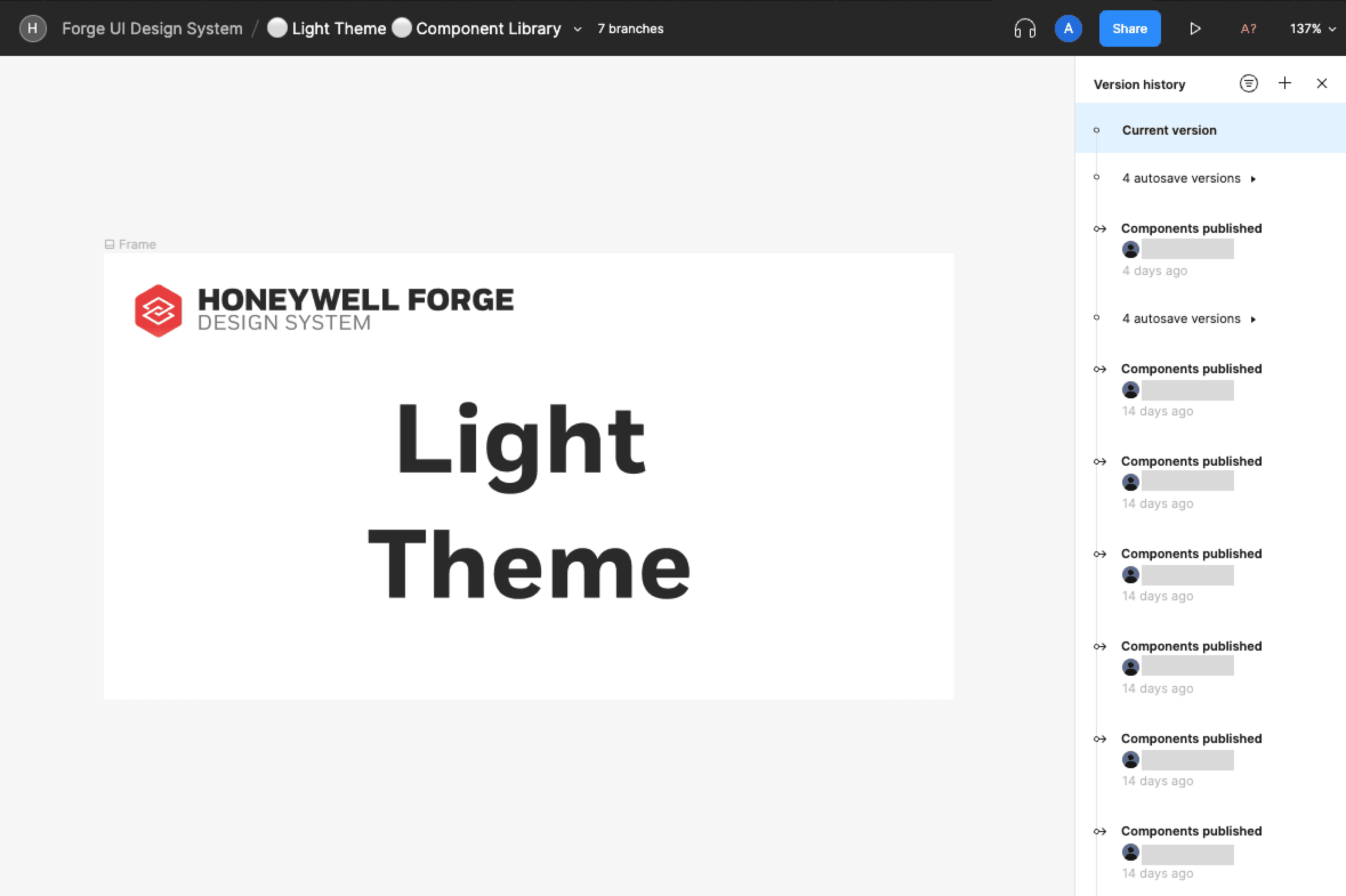 Figma file's version history for publications of UI components