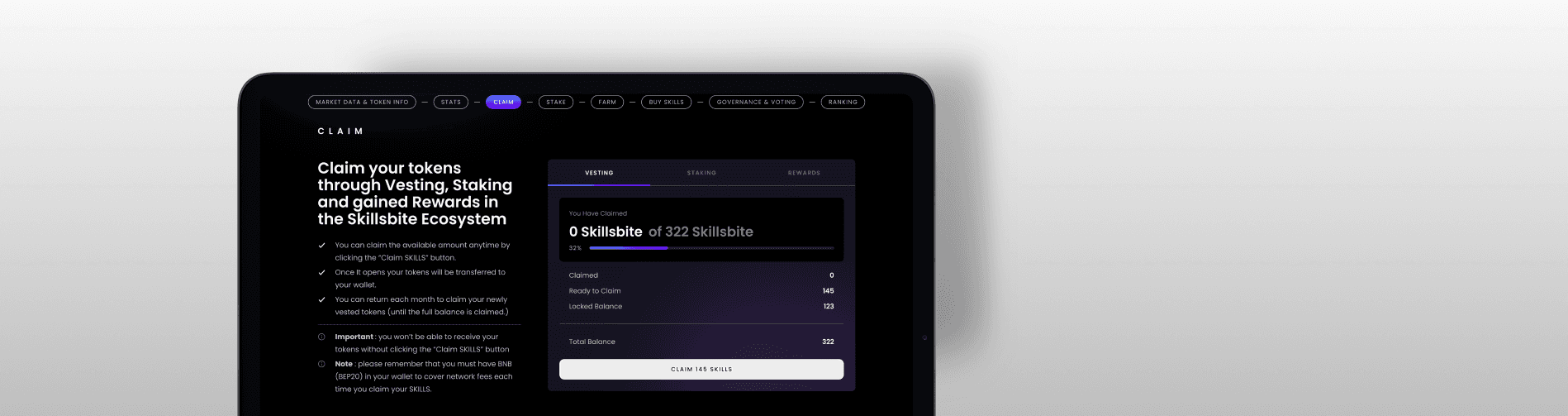SKILLSBITE platform providing access to token rewards and user progress tracking.