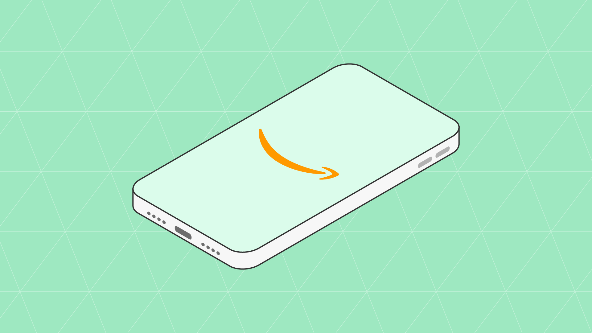 3D isometric smartphone with Amazon's orange arrow logo on the screen against a mint green geometric background, representing Amazon Selling Partner API integration.
