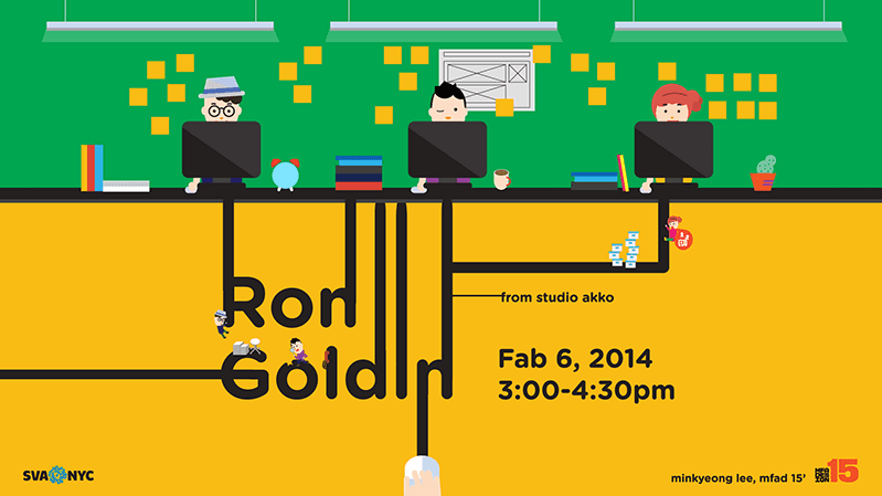 A poster showing a colored infographic drawing with people working at their computers in an office. The title of the poster: Ron Goldin.