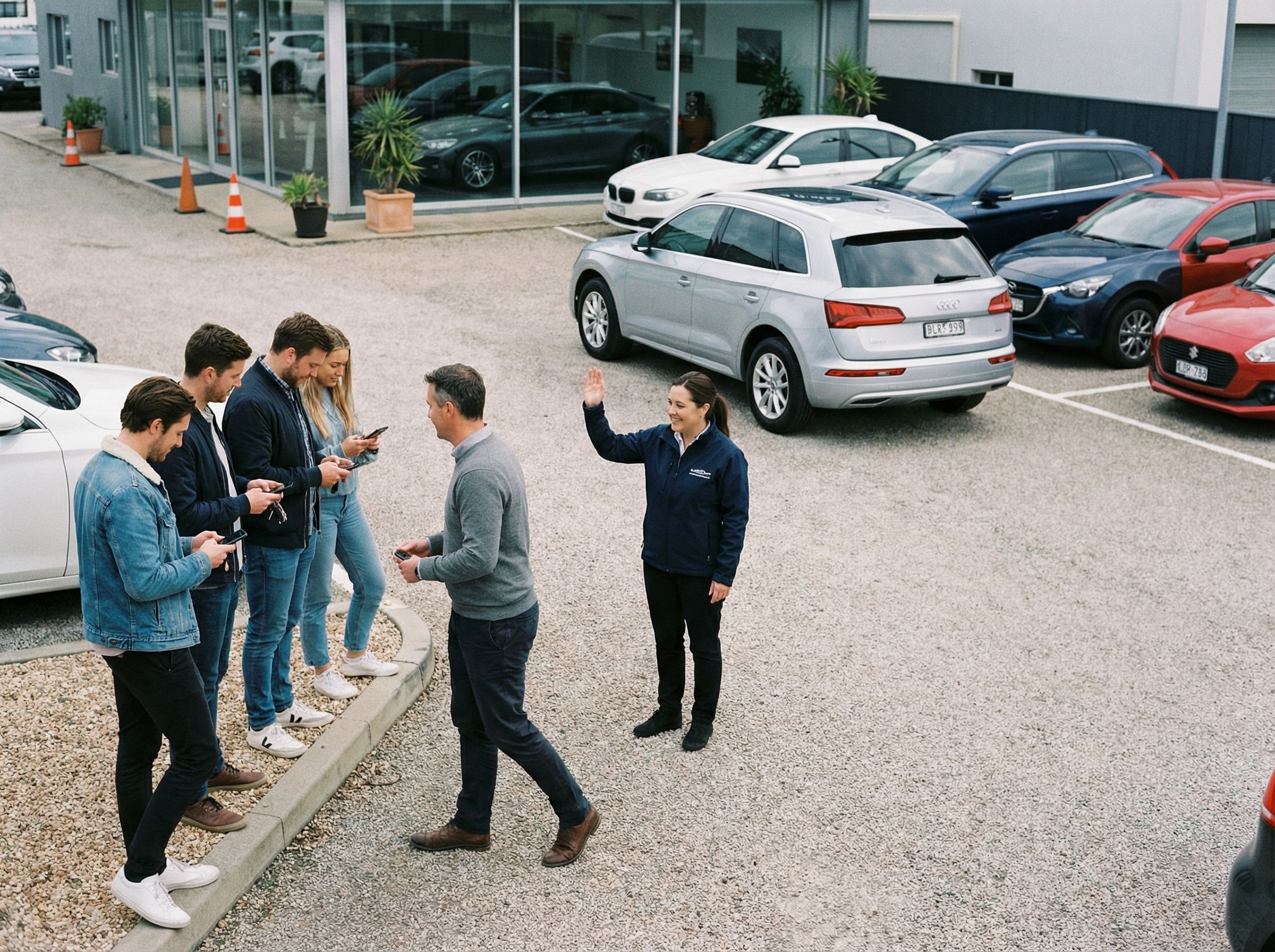Eine kleine Gruppe Interessenten steht entspannt neben den bereitgestellten Fahrzeugen. Ein Mitarbeiter ruft den nächsten Fahrer freundlich herüber, während ein anderes Auto auf den Hof zurückrollt. Die Szene wirkt geordnet und in Bewegung. Jeder weiß, wann er an der Reihe ist.