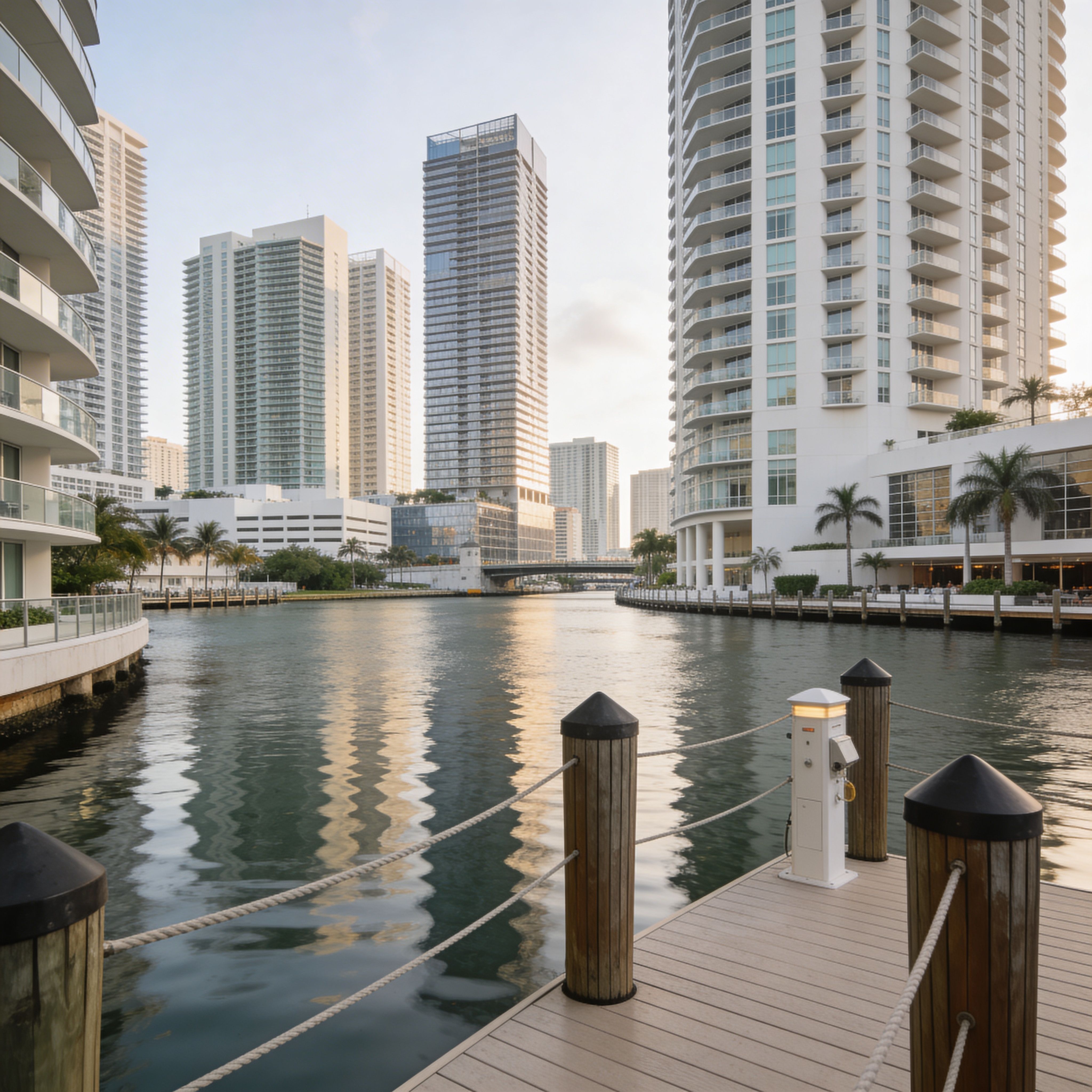 Waterfront cityscape with modern high-rise residential buildings and marina in Miami
