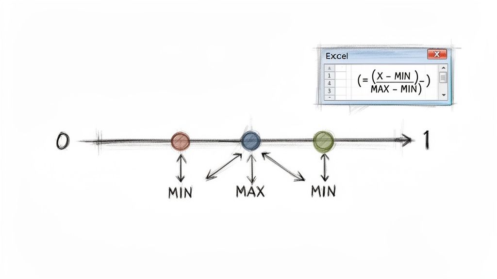 Diagram illustrating data normalization with a number line from 0 to 1 and an Excel formula for min-max scaling.