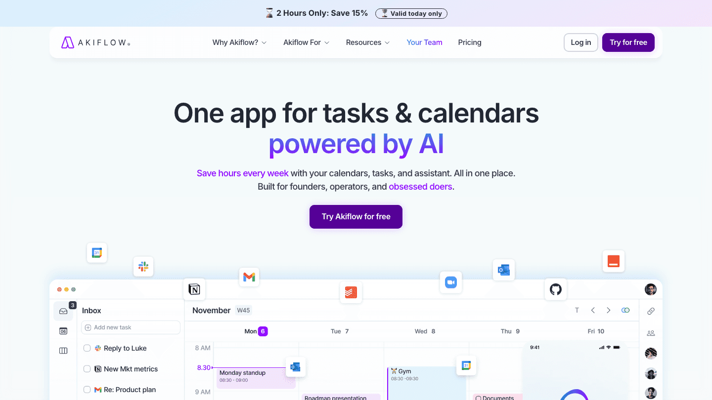 Akiflow AI planner and calendar app homepage