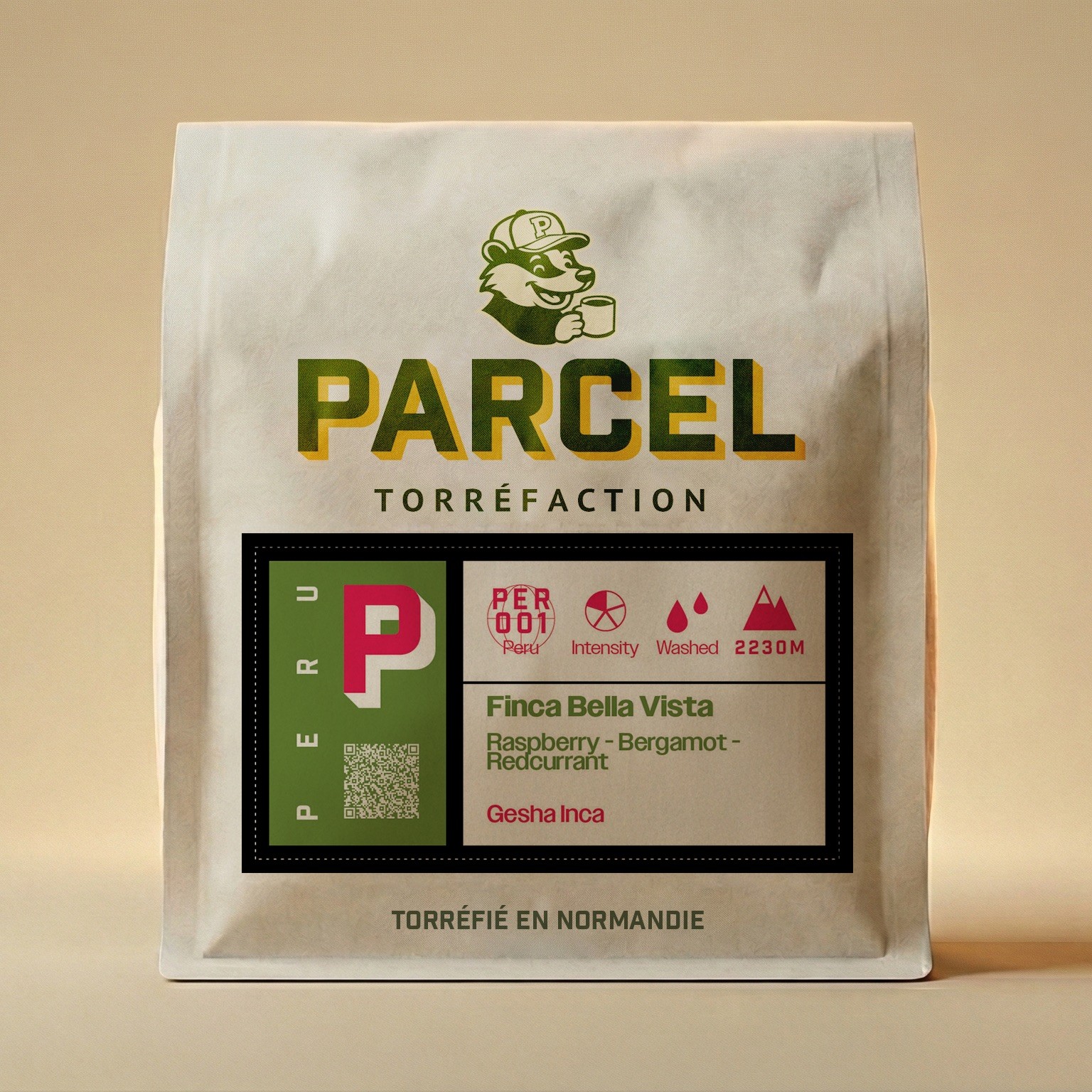 Parcel Torréfaction Peru Finca Bella Vista coffee packaging showing raspberry, bergamot, and redcurrant tasting notes, produced using Gesha Inca varietal beans, clearly centered with high clarity.