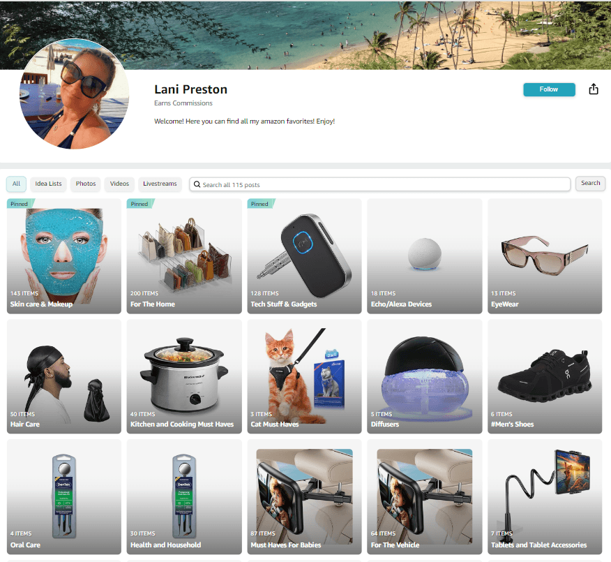 screenshot of influencer Lani Preston’s amazon storefront