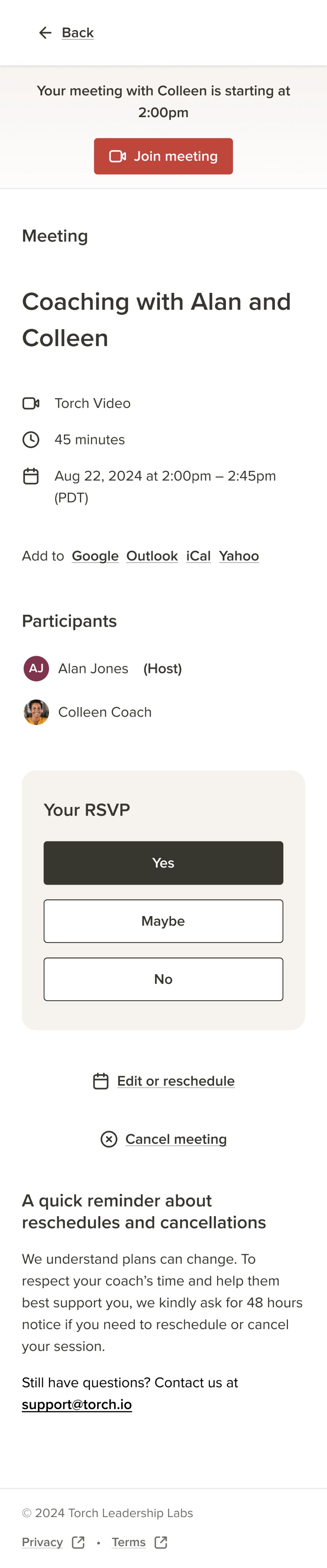 Mobile screen showing meeting interface from Torch redesign, highlighting simplified user experience.