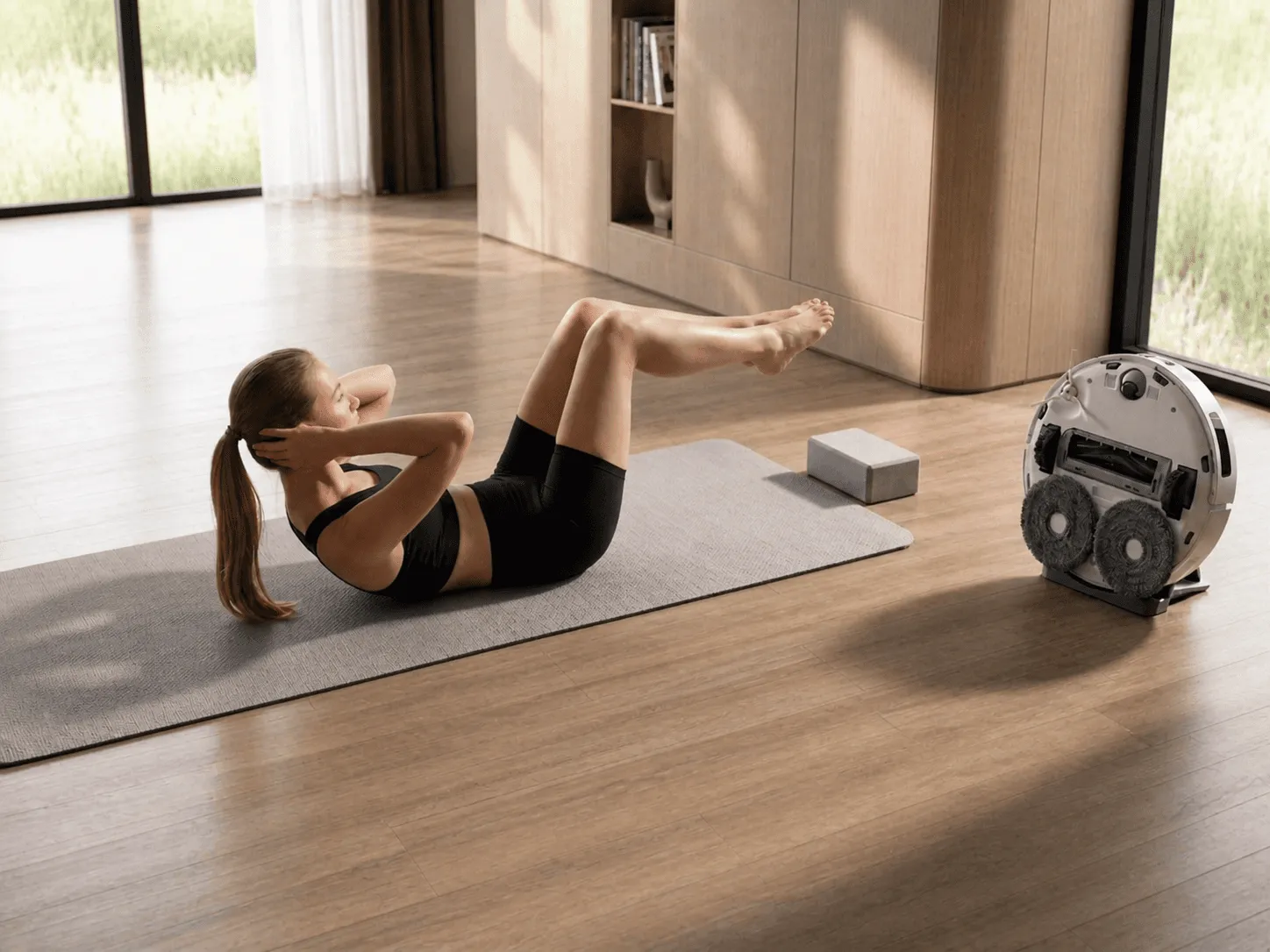 Woman doing core exercises on yoga mat at home – no gym workout routine for flexible home training