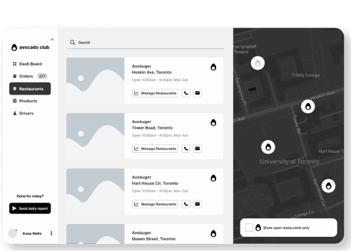 A monochrome low-fidelity desktop wireframe detailing the main analytics dashboard interface. It features a thin left-hand navigation sidebar and a spacious content arena containing three small, rectangular KPI metric blocks stacked horizontally above a massive, wide placeholder card meant for primary data charts or performance graphs