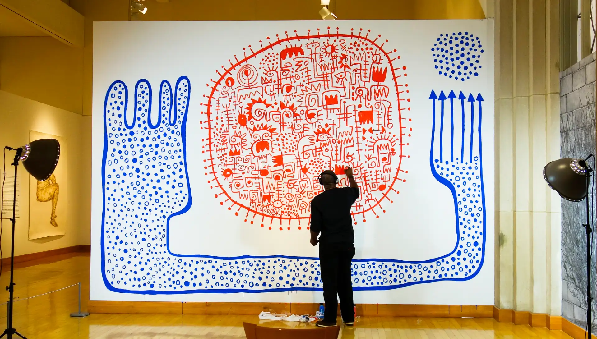 Ode To Joy, . Victor Ekpuk drawing Beethoven’s “Ode to Joy” Symphony No. 9 in D Minor, Op. 125, "Choral": IV. Finale, 2014, 
paint markers on wall, site-specific drawing, 144 x 197 inches.&nbsp;
Arkansa Museum of Art.  as part of the 12th National Drawing Invitational&nbsp;