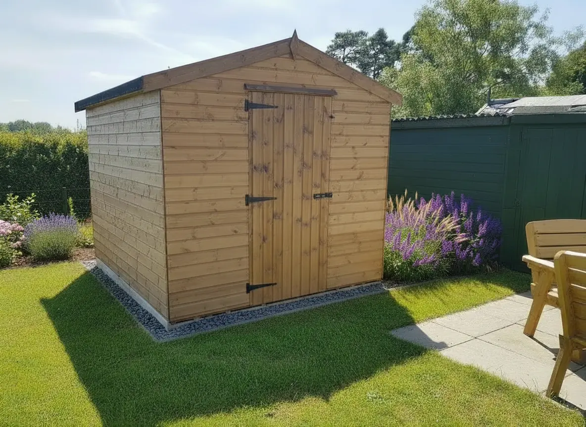 Treated timber apex shed with gravel surround