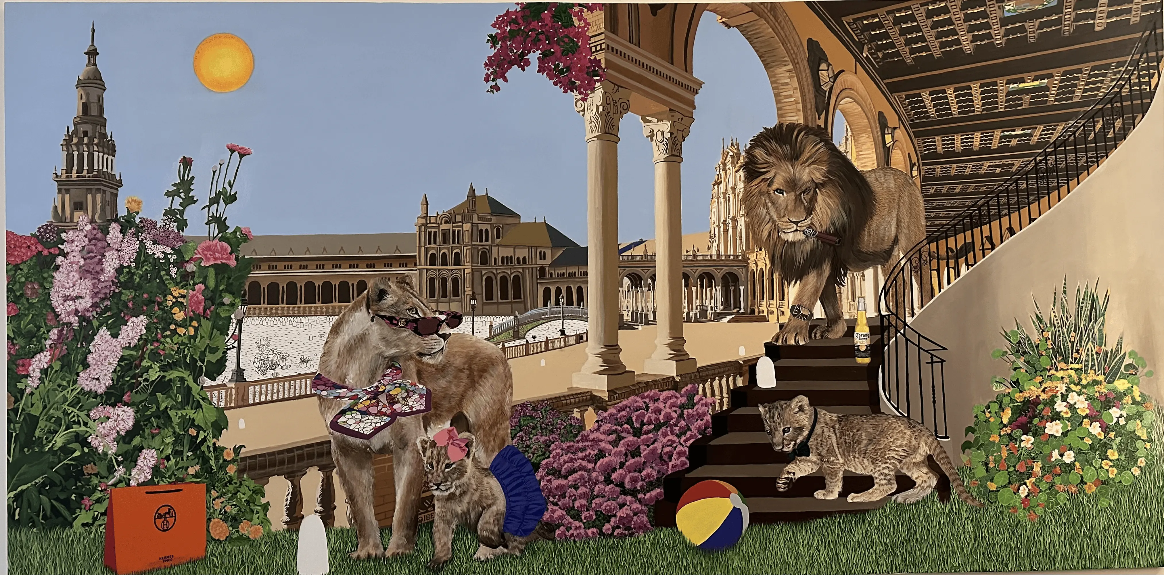 Aparneet Mann painting: Elephants in ceremonial attire with musical instruments on a checkered floor against a bright yellow sky.
