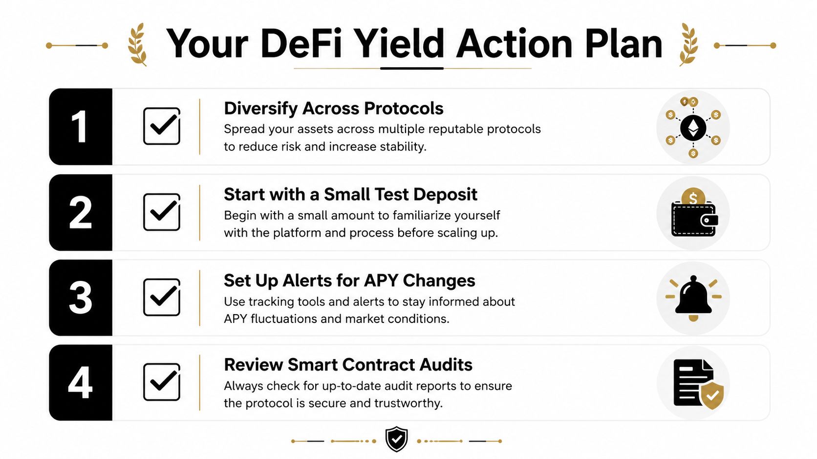A four-step DeFi yield action plan infographic guiding users on how to safely invest in decentralized finance.