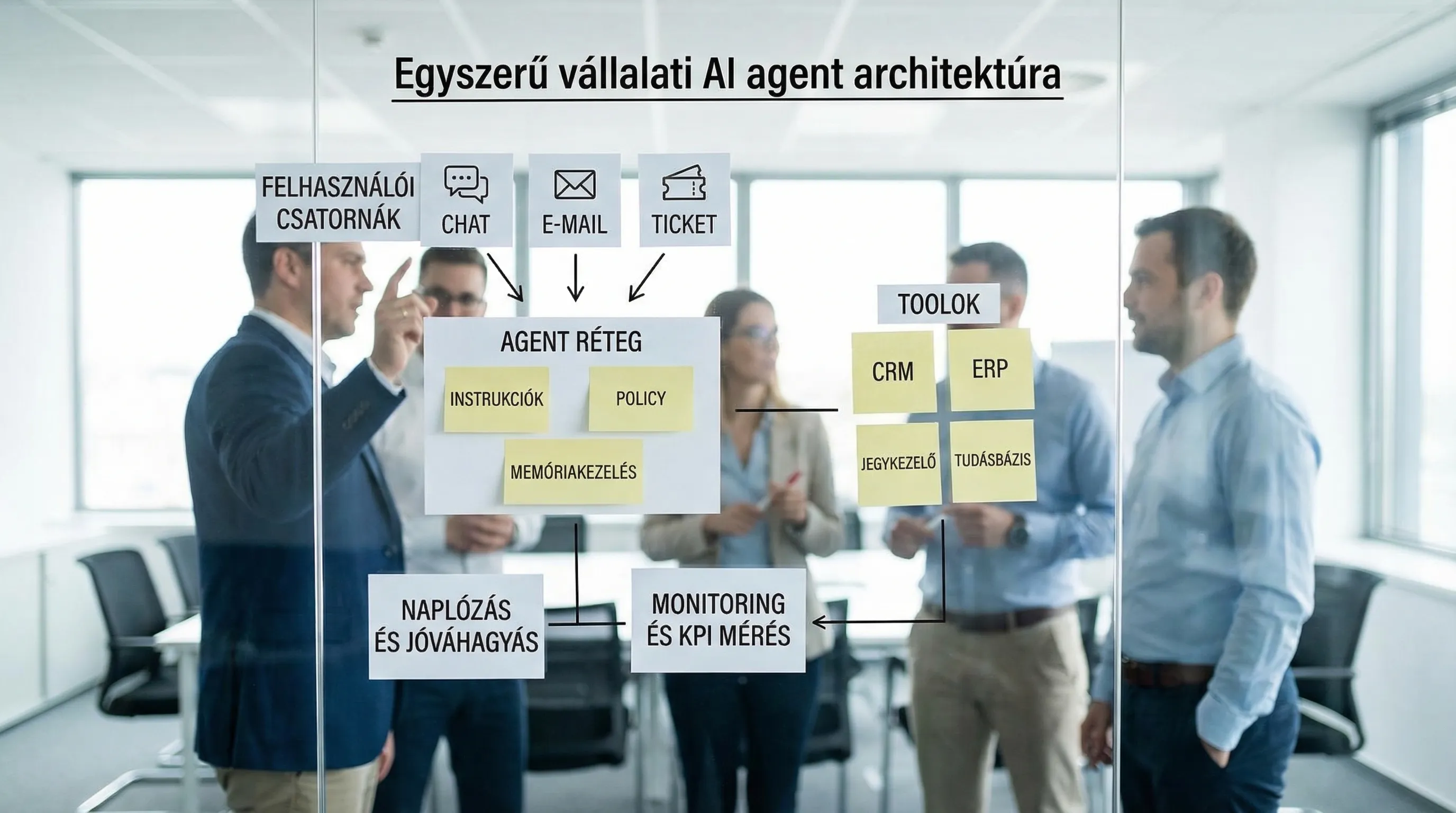 Egyszerű vállalati AI agent architektúra: felhasználói csatornák (chat, e-mail, ticket), agent réteg (instrukciók, policy, memóriakezelés), toolok (CRM, ERP, jegykezelő, tudásbázis), naplózás és jóváhagyás, valamint monitoring és KPI mérés.