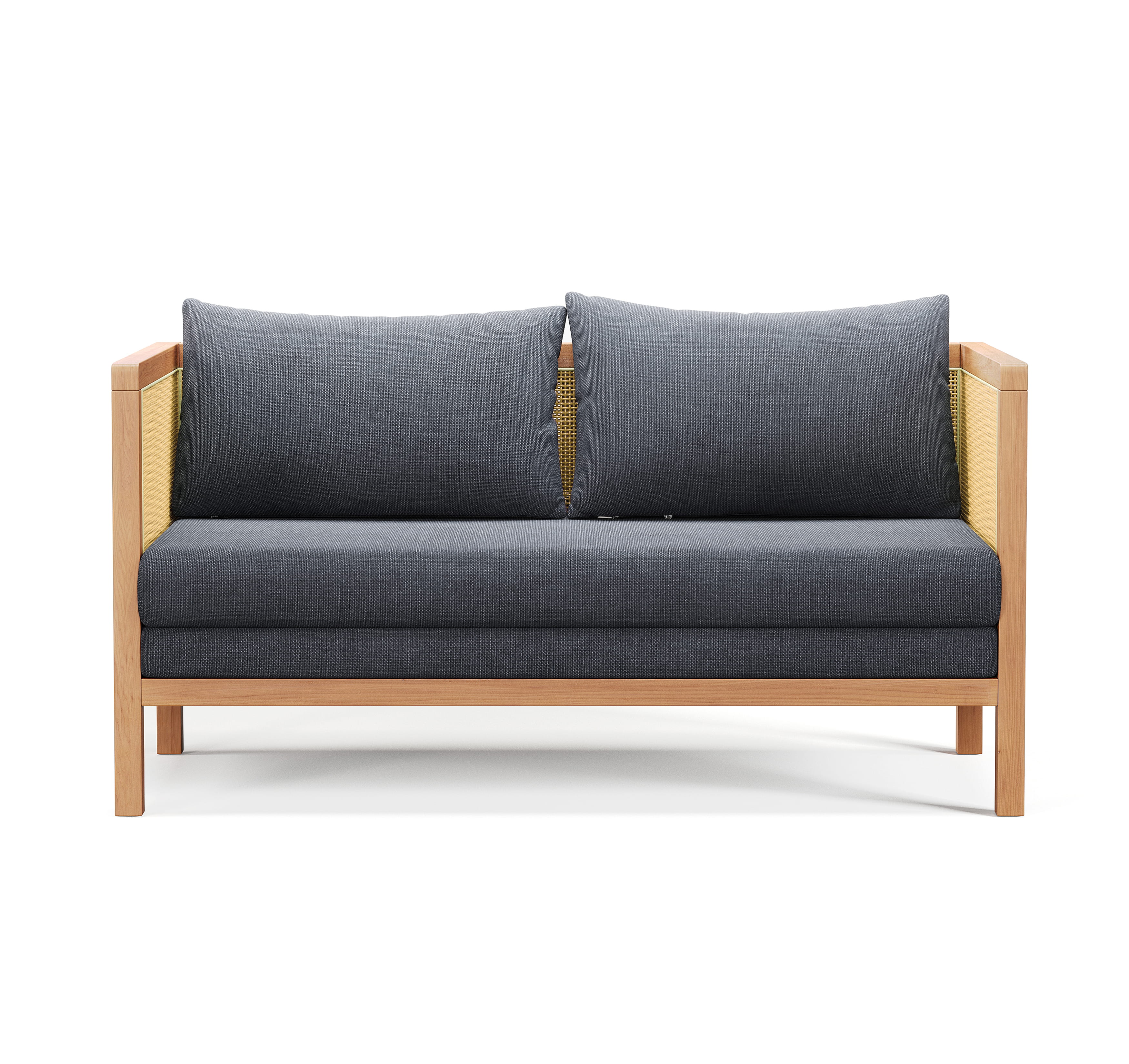 Two-seater wooden sofa with dark fabric cushions, clean studio render