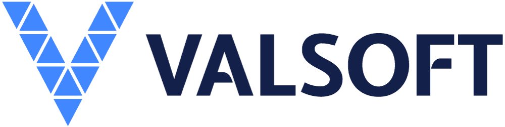 Blue geometric "V" logo on the left with the text "VALSOFT" in bold, dark font on the right, set against a transparent background.