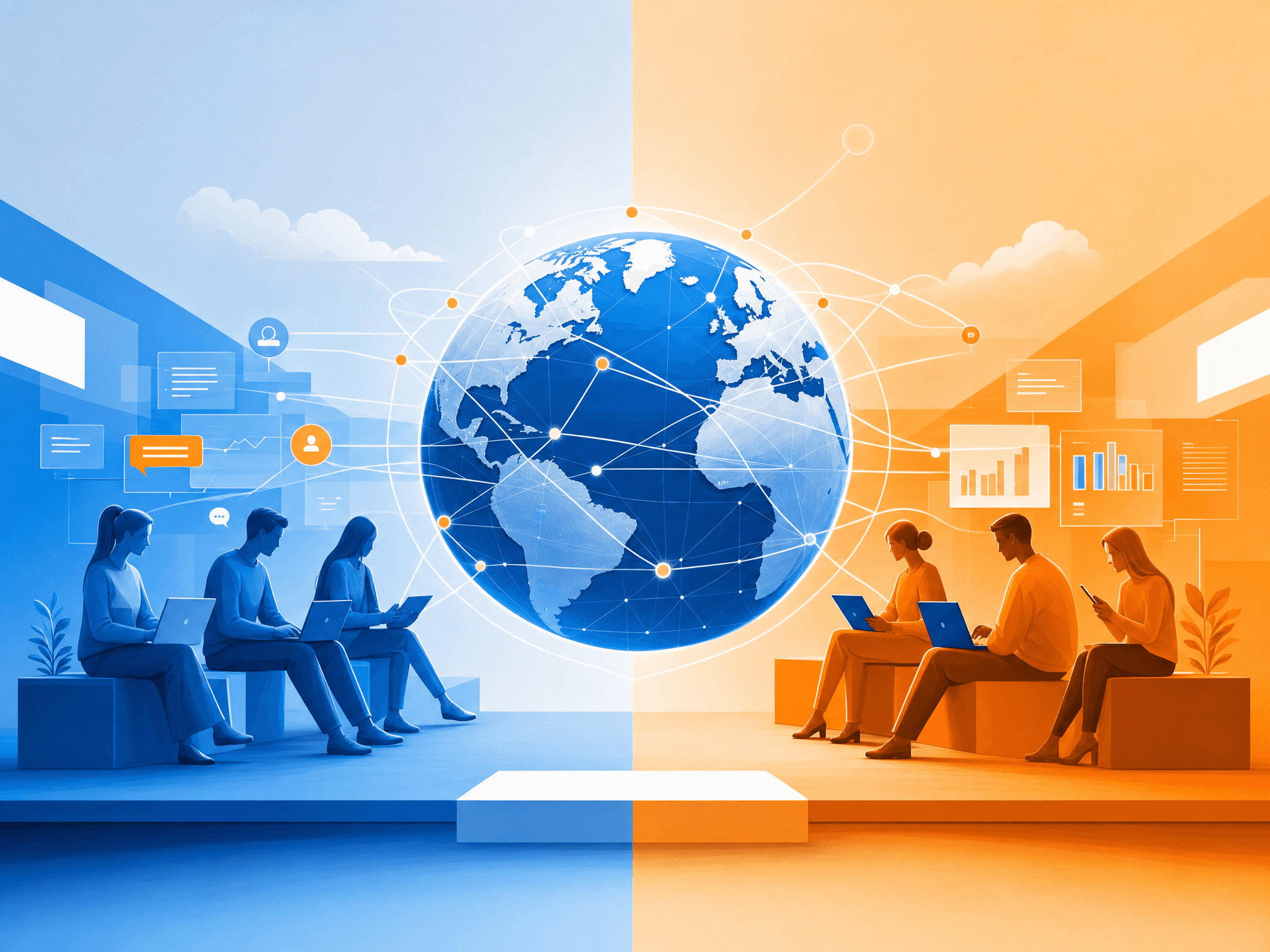 Global remote teams collaborating across locations, showing how technology connects talent regardless of geography.